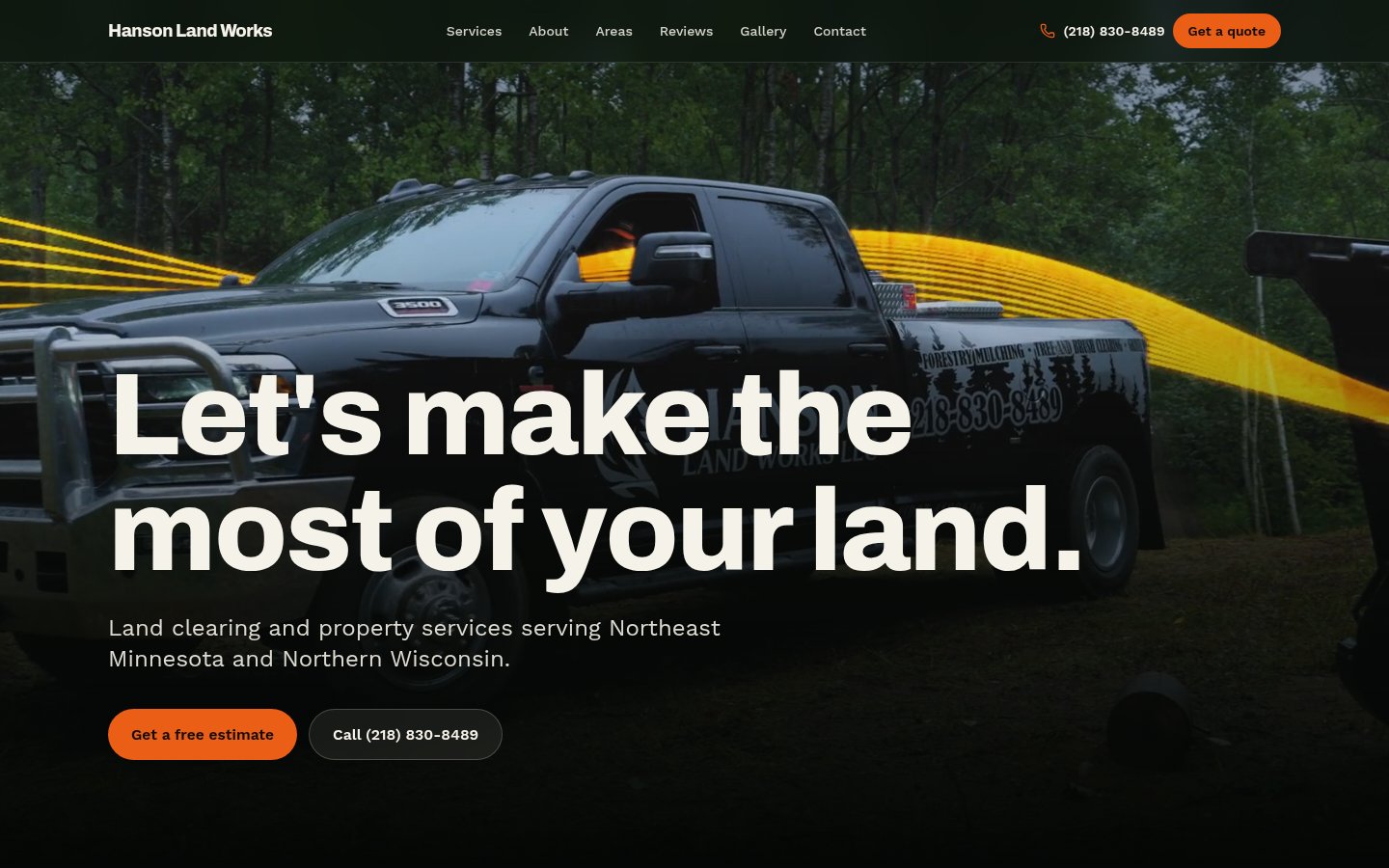 Hanson Land Works website homepage with a work truck in the woods and the headline Let's make the most of your land.